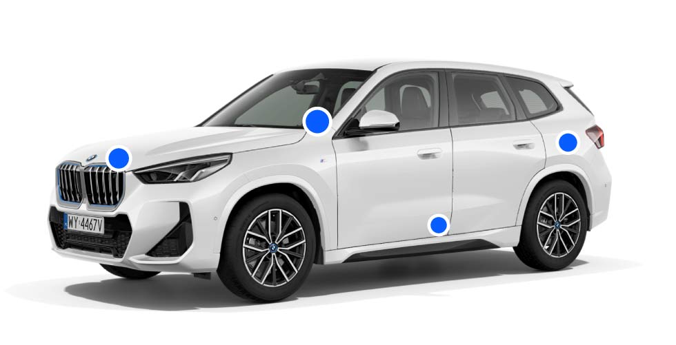 Białe BMW z zaznaczonymi niebieskimi punktami